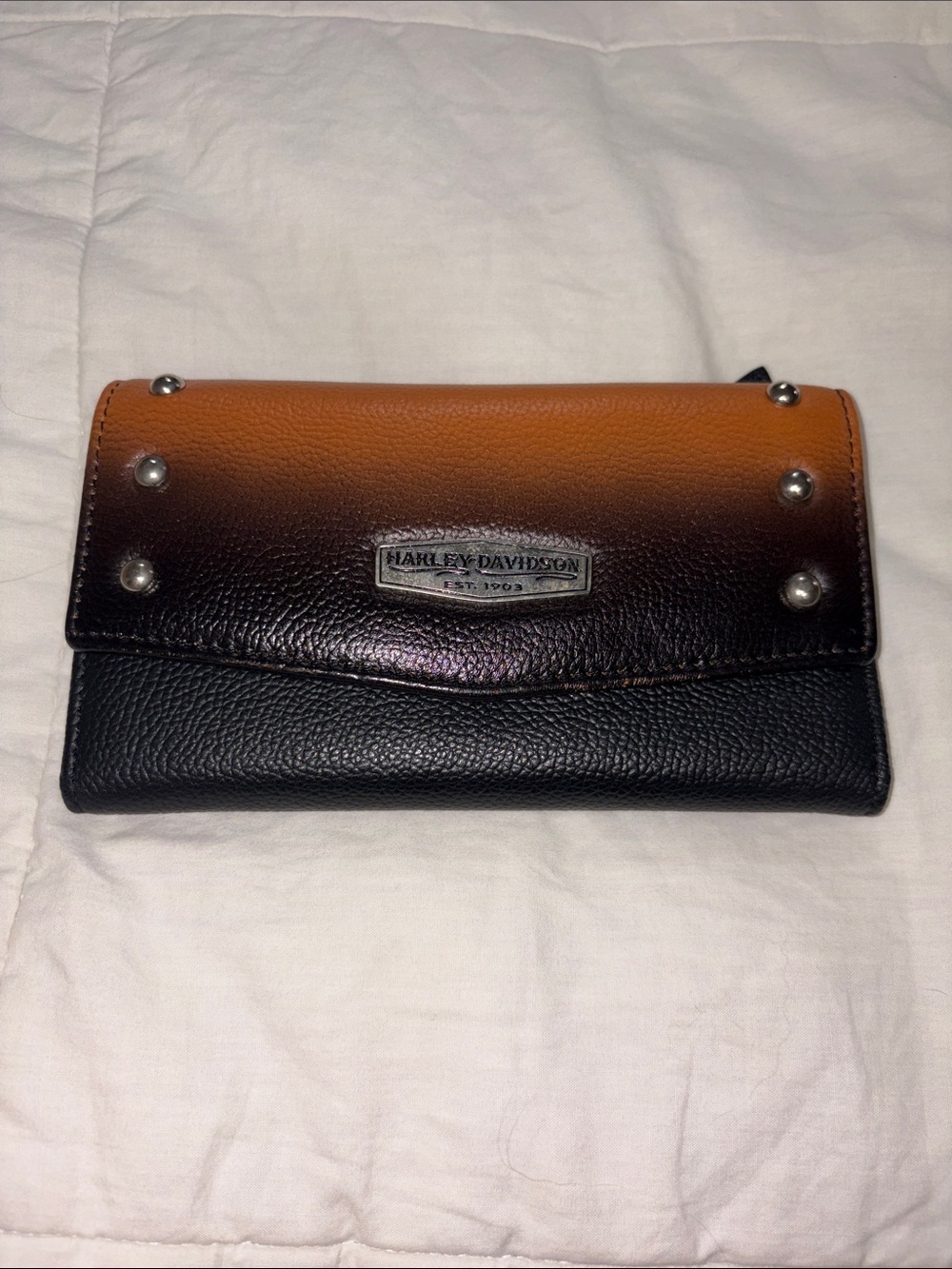 Harley Davidson Genuine Leather Ombre Orange and Black Tri Fold Wallet